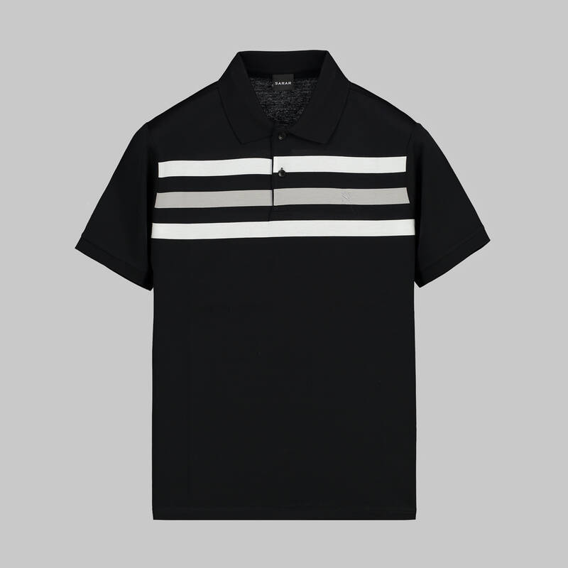POLO YAKA ÖNÜ ÇİZGİLİ SİYAH TİŞÖRT